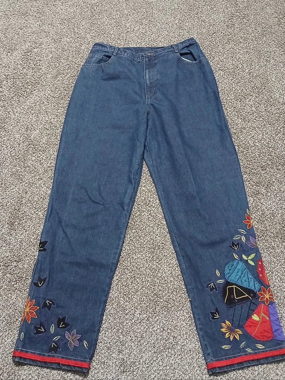 Chico's 100% Cotton Embroidered Wide Leg Denim Jeans - Multicolor Floral Detail - Picture 2 of 16